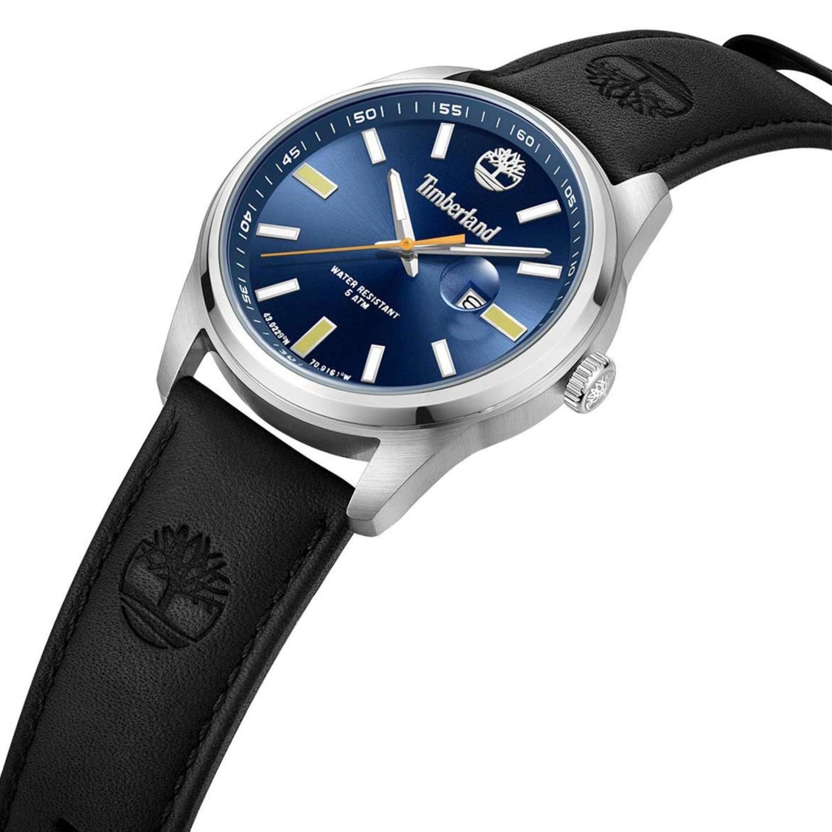 Αντρικό ρολόι Timberland Orford TDWGB0010802 με μαύρο δερμάτινο λουράκι και μπλε καντράν διαμέτρου 45mm με ημερομηνία.