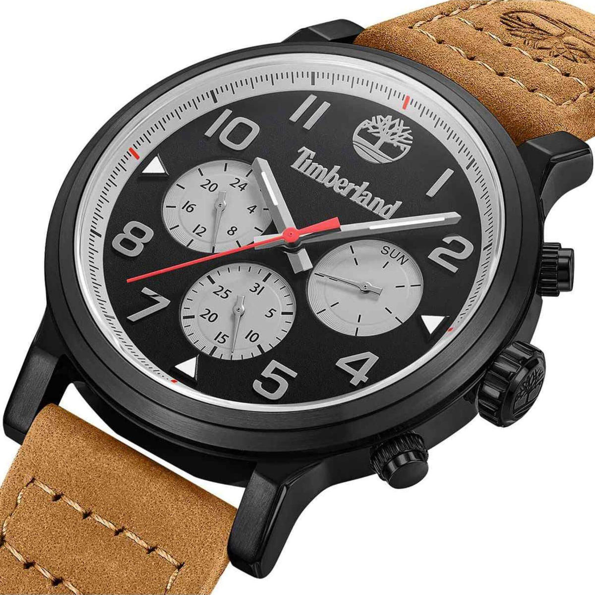Αντρικό ρολόι Timberland Pancher TDWGF0028902 με ταμπά δερμάτινο λουράκι και μαύρο καντράν διαμέτρου 46mm με ημερομηνία και ημέρα.