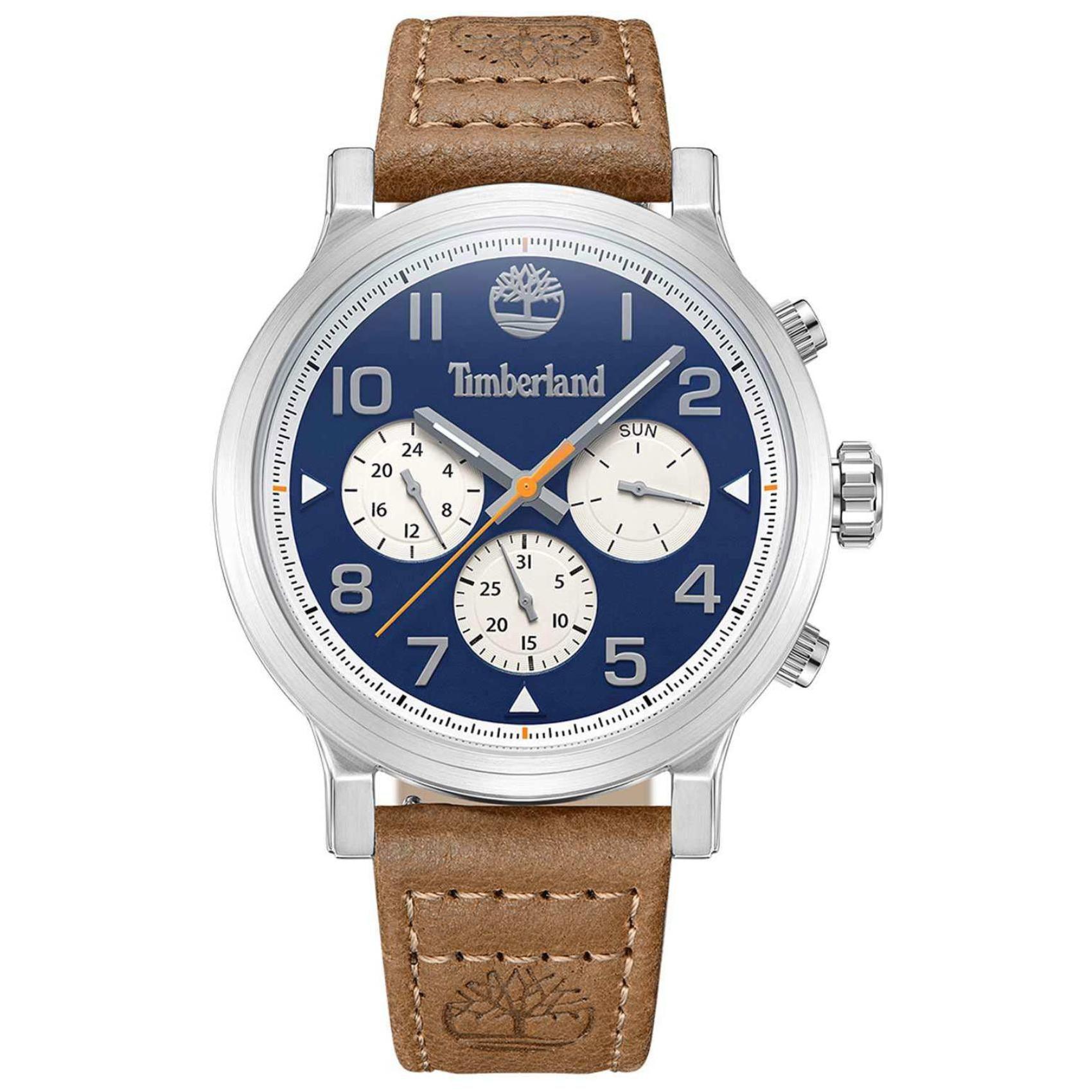 Αντρικό ρολόι Timberland Pancher TDWGF0028904 με καφέ δερμάτινο λουράκι και μπλε καντράν διαμέτρου 46mm με ημερομηνία και ημέρα.