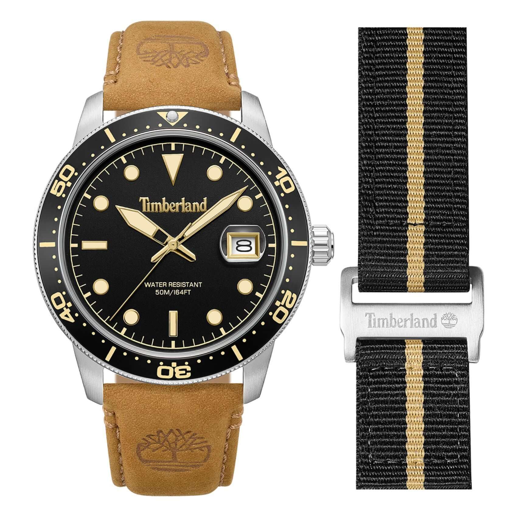 Ανδρικό ρολόι Timberland Peatfield TDWGB00834X0 με ταμπά δερμάτινο λουράκι και μαύρο καντράν 44 mm με extra μαύρο υφασμάτινο λουράκι 