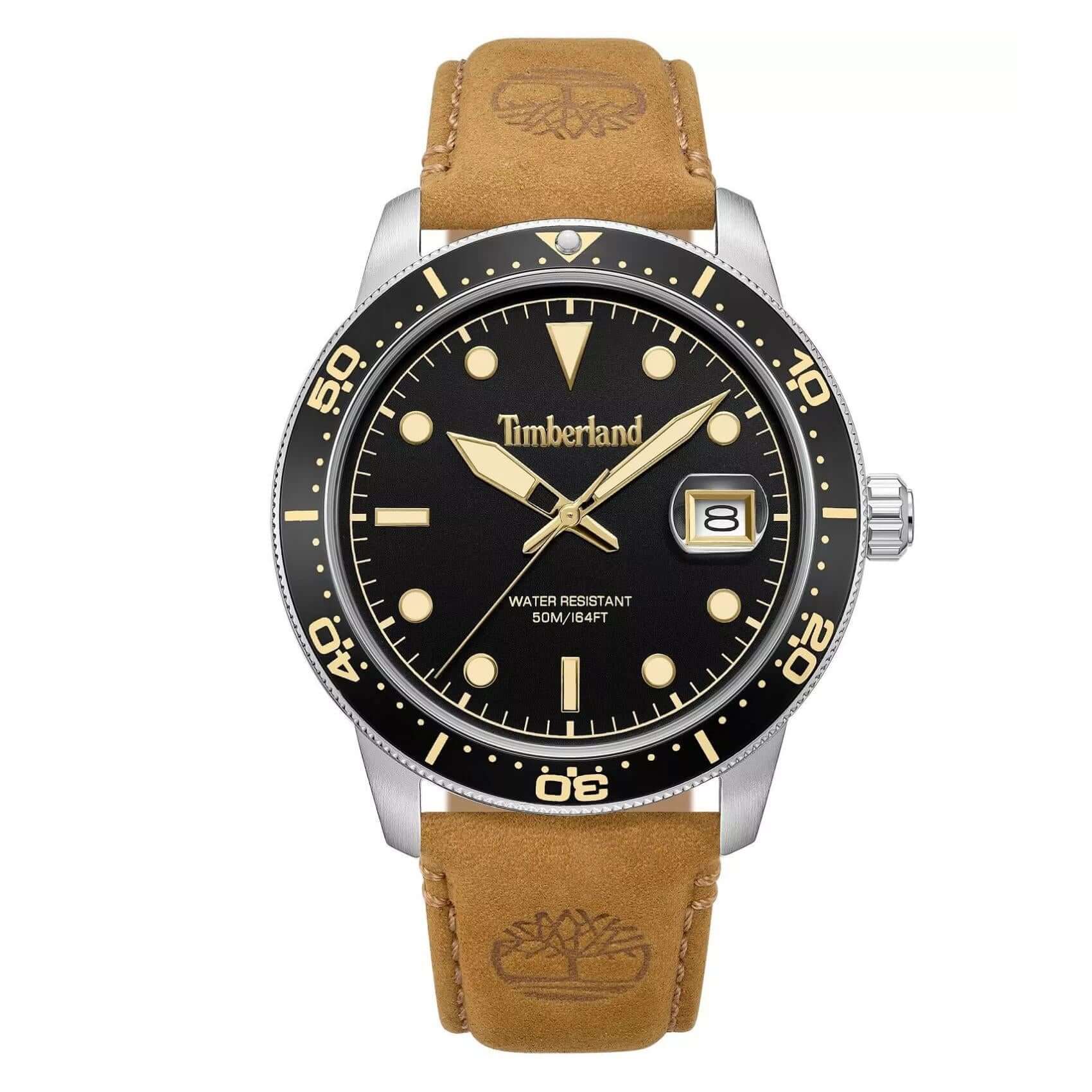 Ανδρικό ρολόι Timberland Peatfield TDWGB00834X0 με ταμπά δερμάτινο λουράκι και μαύρο καντράν 44 mm.