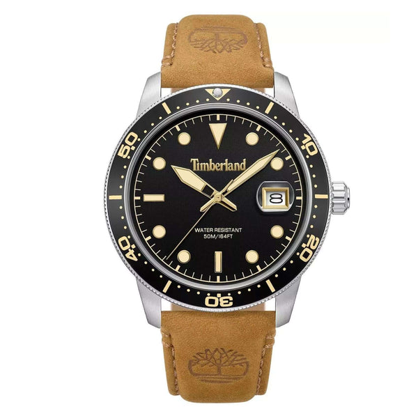 Ανδρικό ρολόι Timberland Peatfield TDWGB00834X0 με ταμπά δερμάτινο λουράκι και μαύρο καντράν 44 mm.