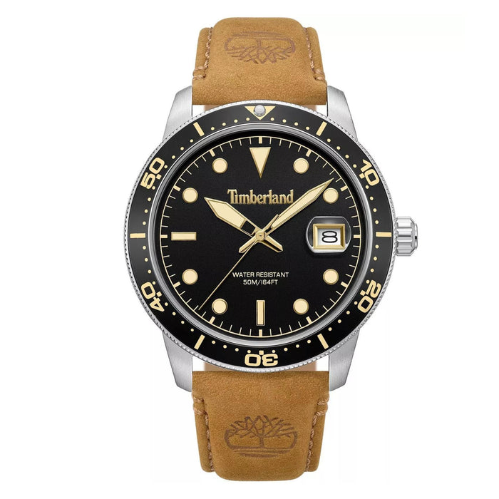 Ανδρικό ρολόι Timberland Peatfield TDWGB00834X0 με ταμπά δερμάτινο λουράκι και μαύρο καντράν 44 mm.