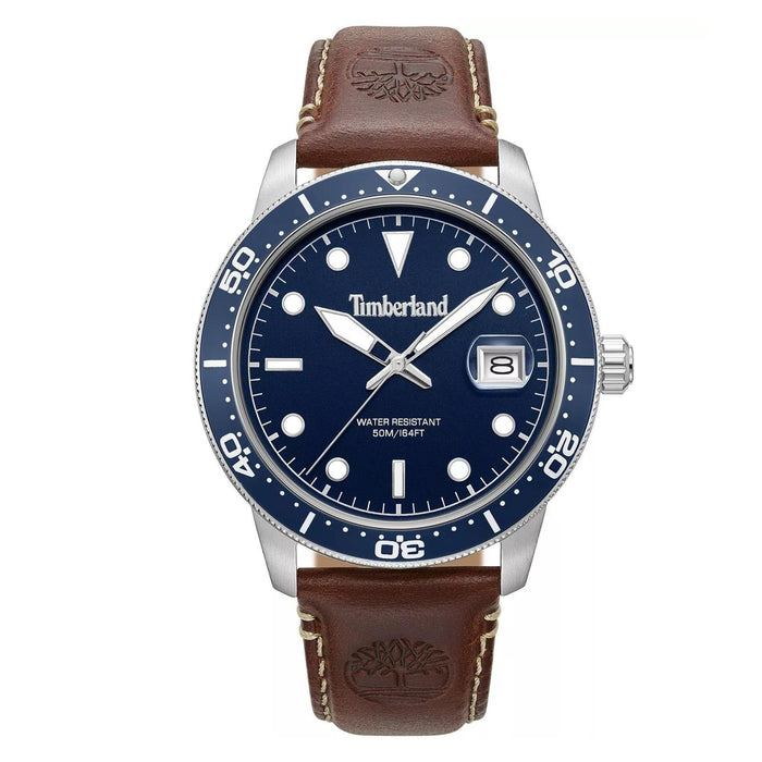 Ανδρικό ρολόι Timberland Peatfield TDWGB00834X1 με καφέ δερμάτινο λουράκι και μπλε καντράν 44 mm.