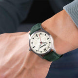 Αντρικό ρολόι Timberland Rambush TDWGA0029604 με πράσινο δερμάτινο λουράκι και άσπρο καντράν διαμέτρου 42mm.