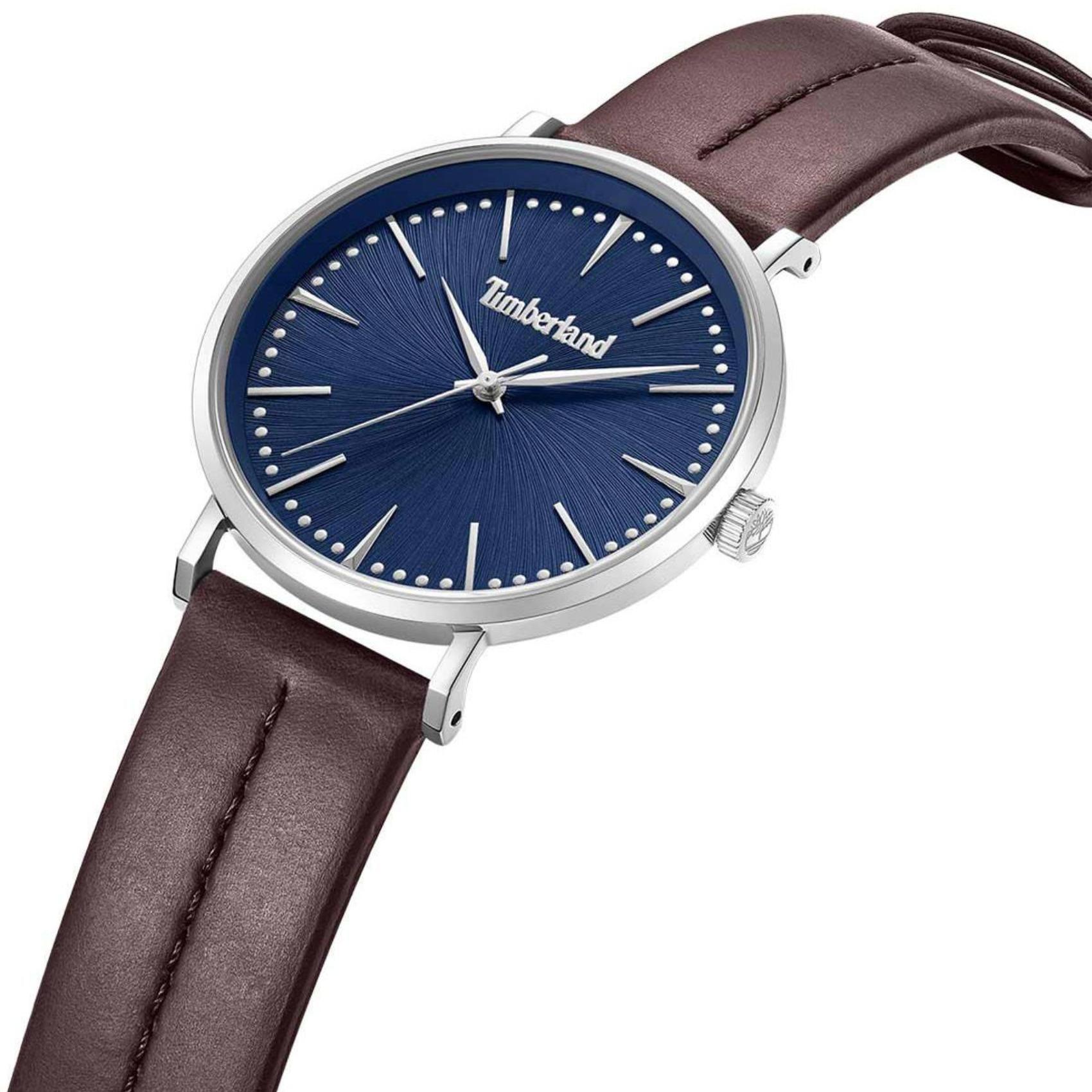 Αντρικό ρολόι Timberland Ripton TDWGA0029202 με καφέ δερμάτινο λουράκι και μπλε καντράν διαμέτρου 42mm.