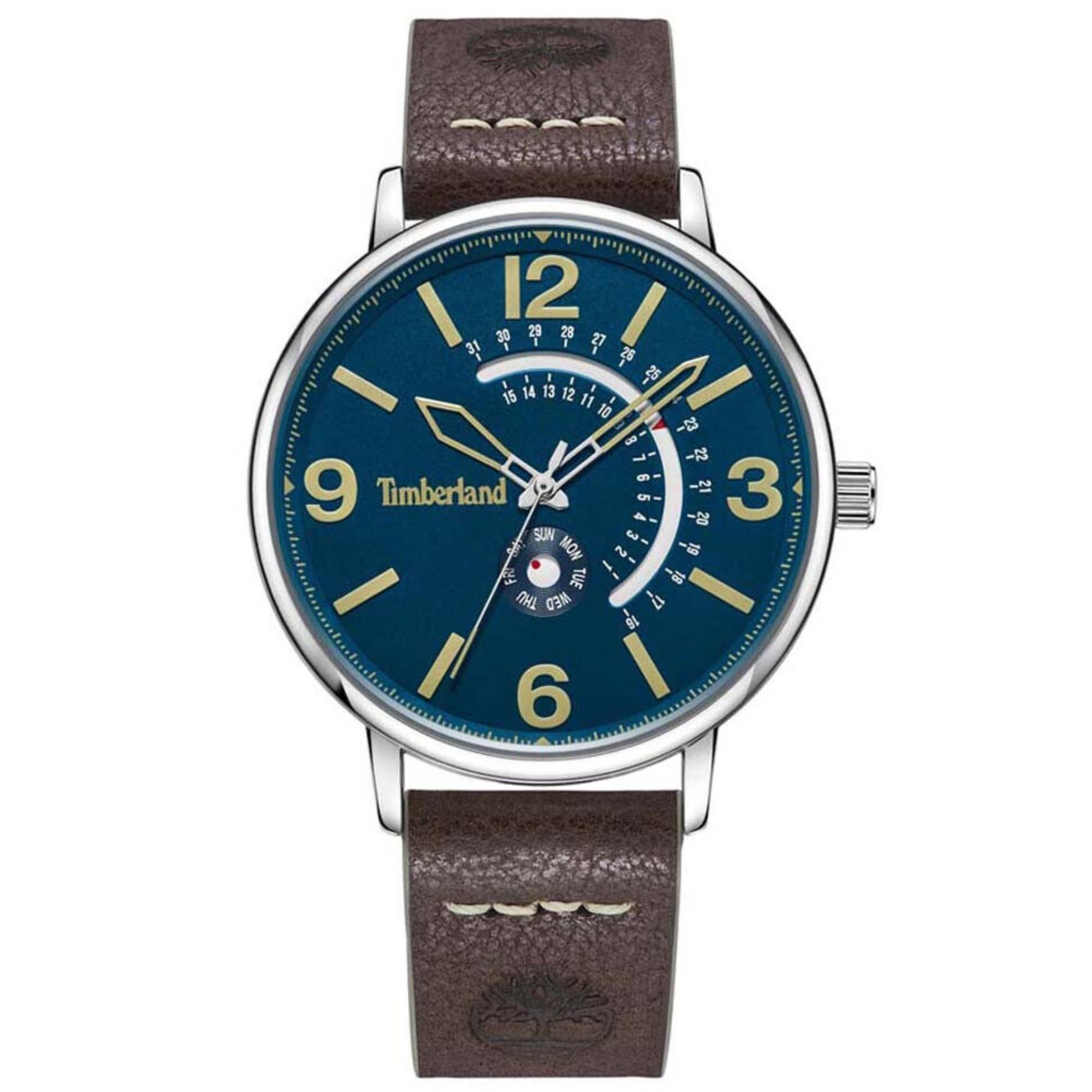Αντρικό ρολόι χρονογράφος Timberland Saunderstown Tdwgb2182701 με καφέ δερμάτινο λουράκι και μπλε καντράν διαμέτρου 43mm.