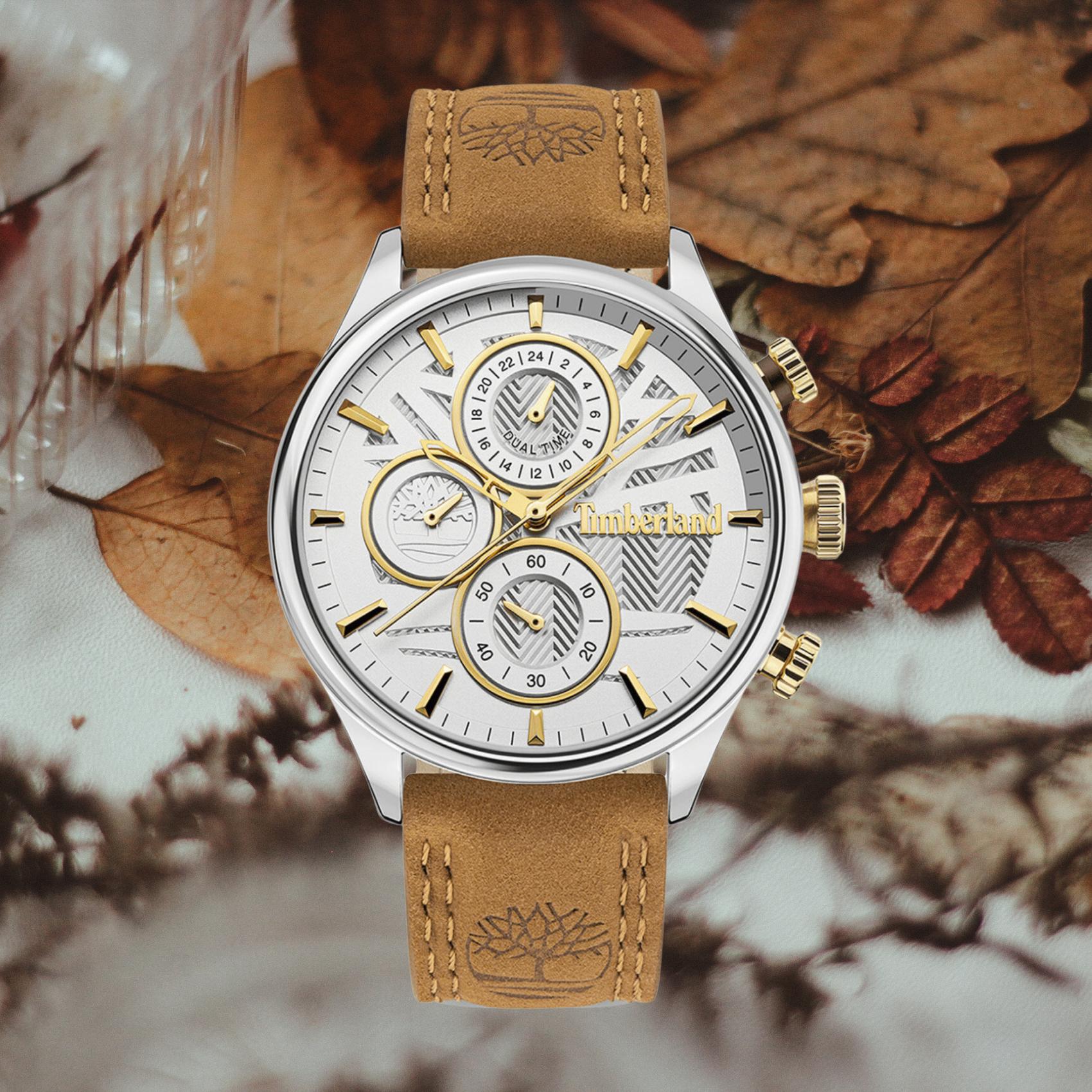 Αντρικό ρολόι Timberland Sheafe TDWLF2104003 με χρονογράφο, ταμπά δερμάτινο λουράκι και άσπρο καντράν διαμέτρου 40mm.