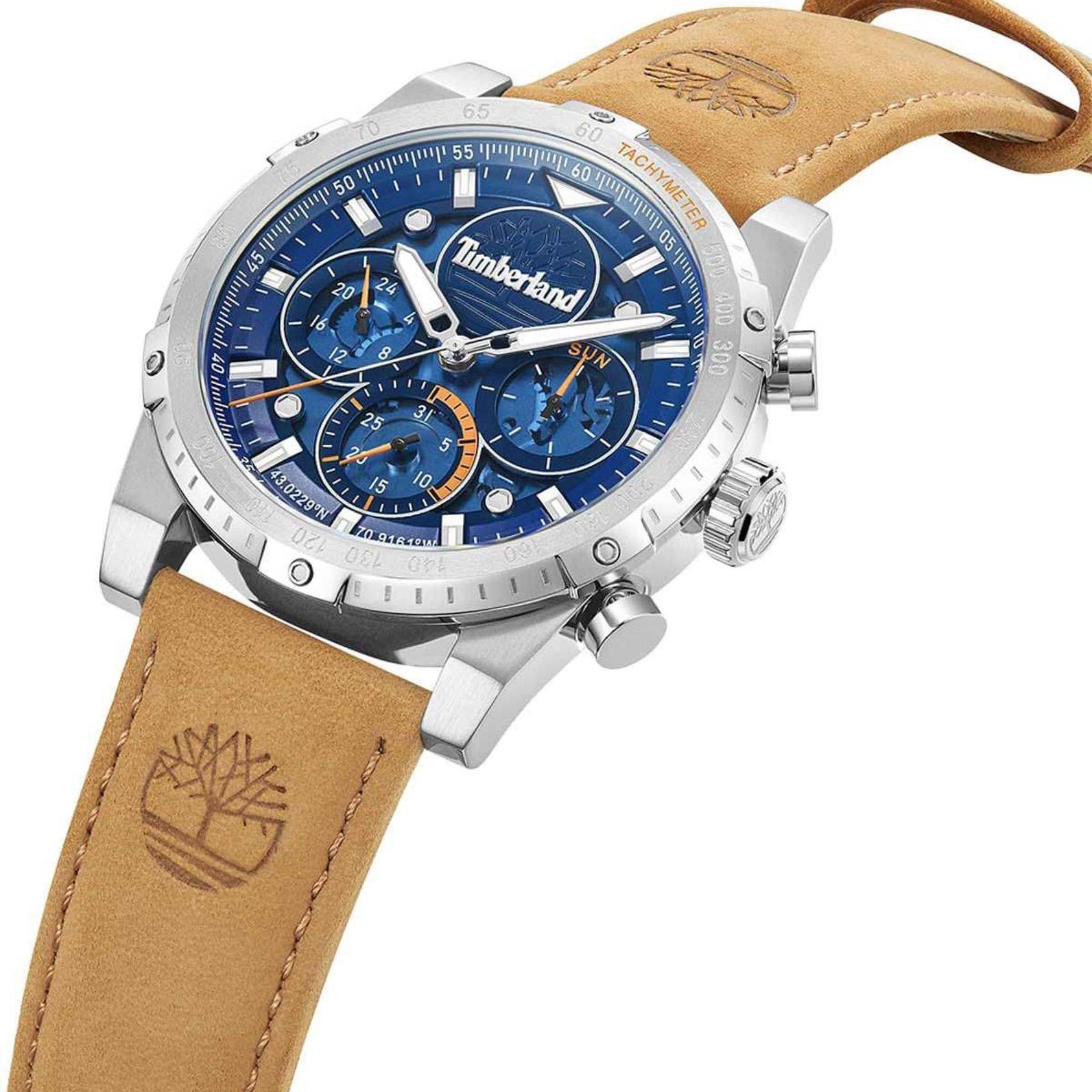 Αντρικό ρολόι χρονογράφος Timberland Sherbrook TDWGF0009404 με ταμπά δερμάτινο λουράκι και μπλε καντράν διαμέτρου 45mm.