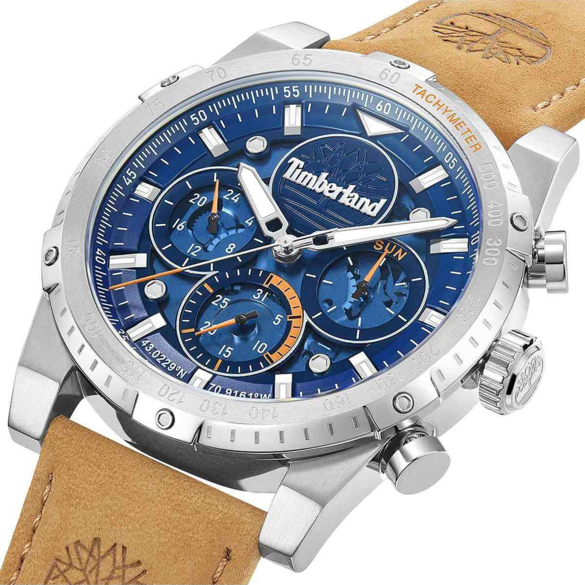 Αντρικό ρολόι χρονογράφος Timberland Sherbrook TDWGF0009404 με ταμπά δερμάτινο λουράκι και μπλε καντράν διαμέτρου 45mm.