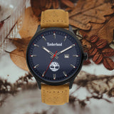 Αντρικό ρολόι Timberland Southford TDWGB2102202 με ταμπά δερμάτινο λουράκι και μπλε καντράν διαμέτρου 46mm με ημερομηνία.