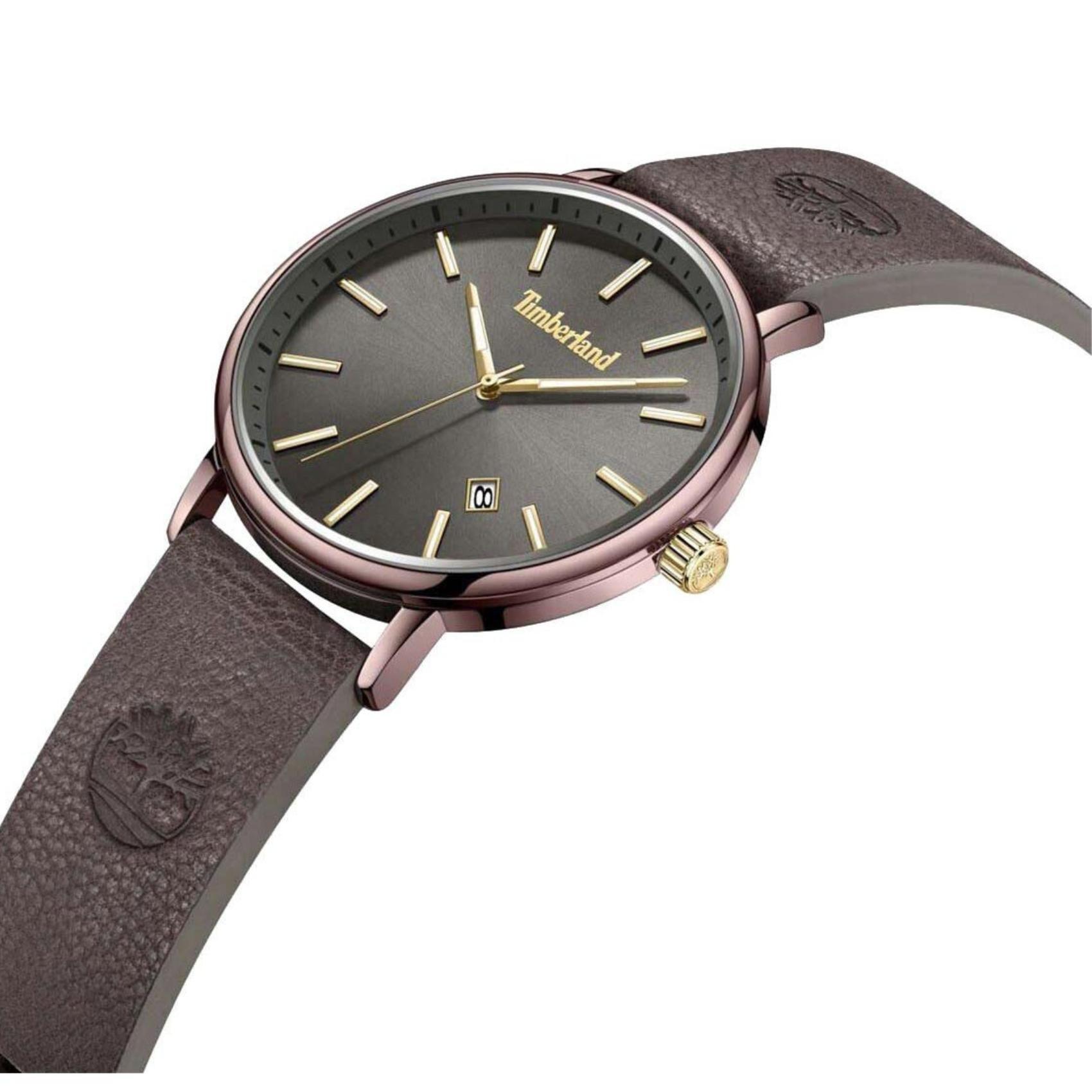 Αντρικό ρολόι Timberland Spencer TDWGB2182803 με καφέ δερμάτινο λουράκι και καφέ καντράν διαμέτρου 42mm με ημερομηνία.