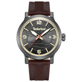 Αντρικό ρολόι Timberland Westerley TDWGN0029104 με καφέ δερμάτινο λουράκι και μαύρο καντράν διαμέτρου 46mm με ημερομηνία.