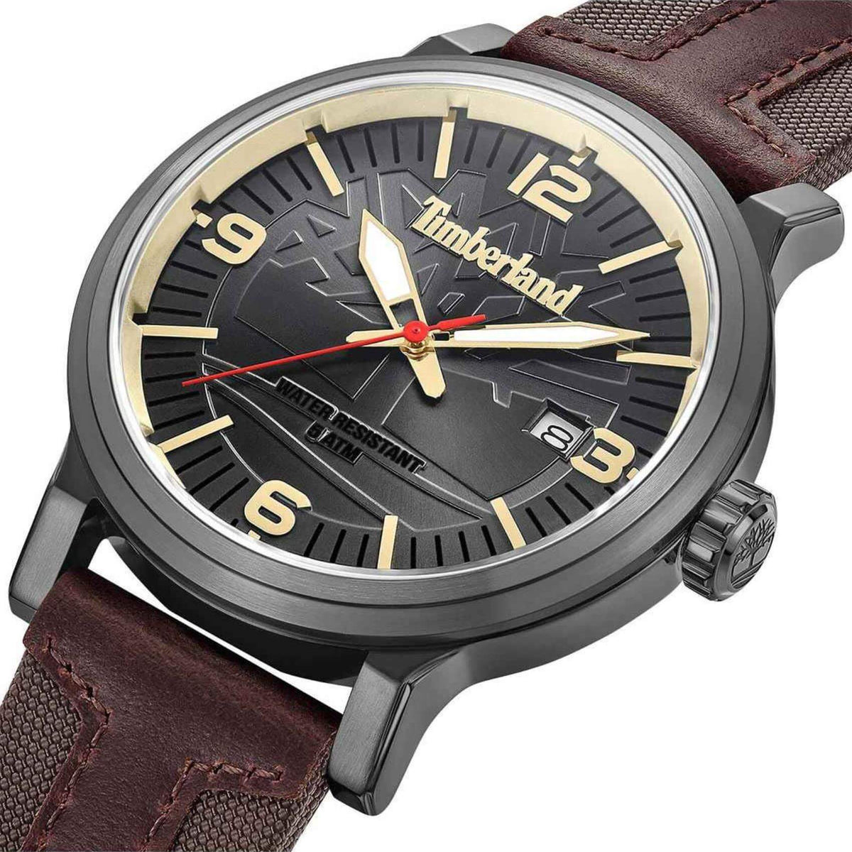 Αντρικό ρολόι Timberland Westerley TDWGN0029104 με καφέ δερμάτινο λουράκι και μαύρο καντράν διαμέτρου 46mm με ημερομηνία.