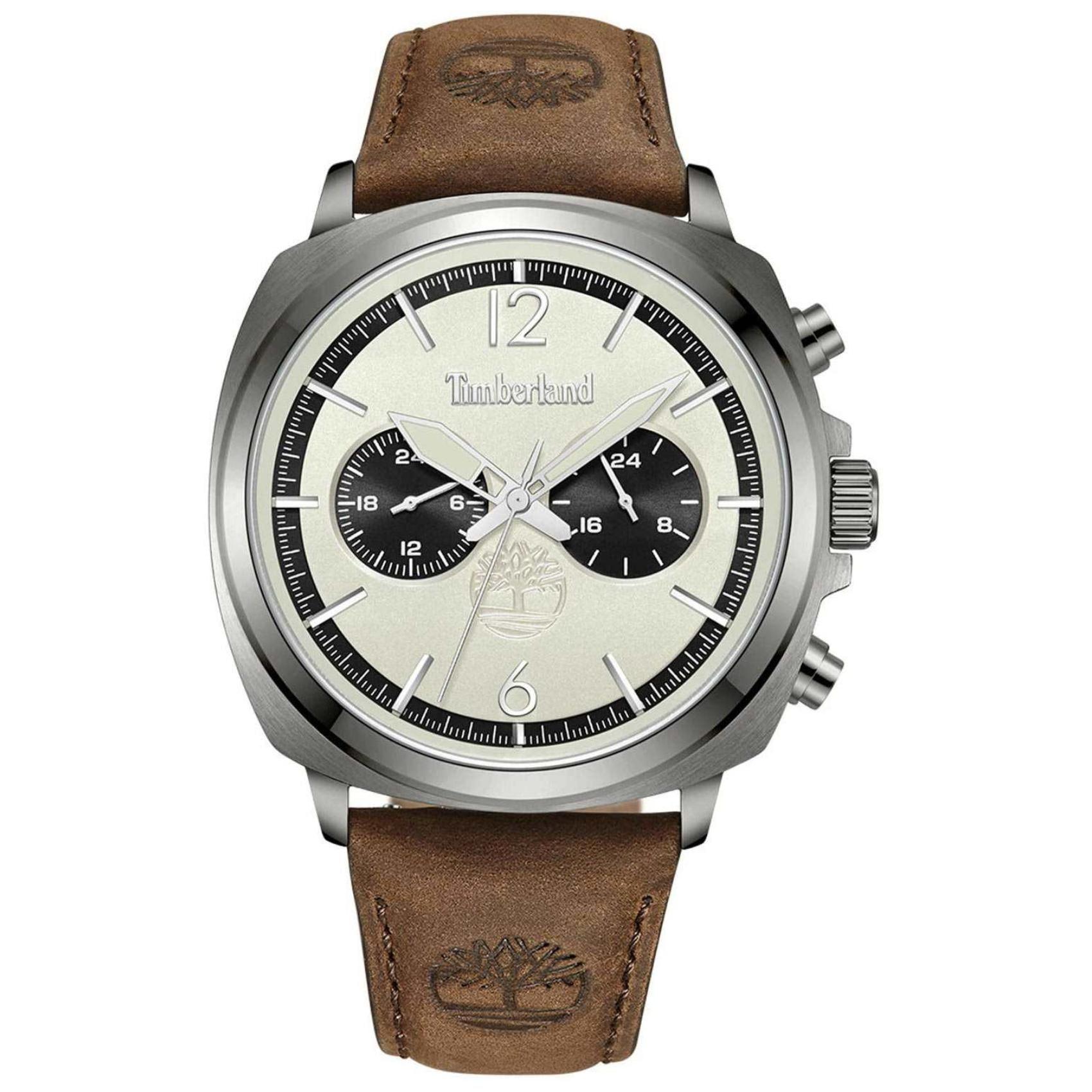 Αντρικό ρολόι Timberland Williston Small TDWGF0028203 Dual Time με καφέ δερμάτινο λουράκι και μπεζ καντράν διαμέτρου 43.5mm με ημερομηνία.