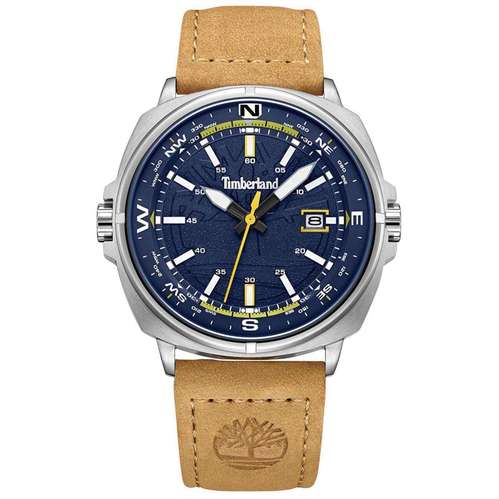 Αντρικό ρολόι Timberland Williston TDWGB2230803 με ταμπά δερμάτινο λουράκι και μπλε καντράν διαμέτρου 44mm με ημερομηνία.