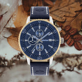 Αντρικό ρολόι χρονογράφος Timberland Woodworth TBL15952JYTG/02 με μπλε δερμάτινο λουράκι και μπλε καντράν διαμέτρου 44mm.