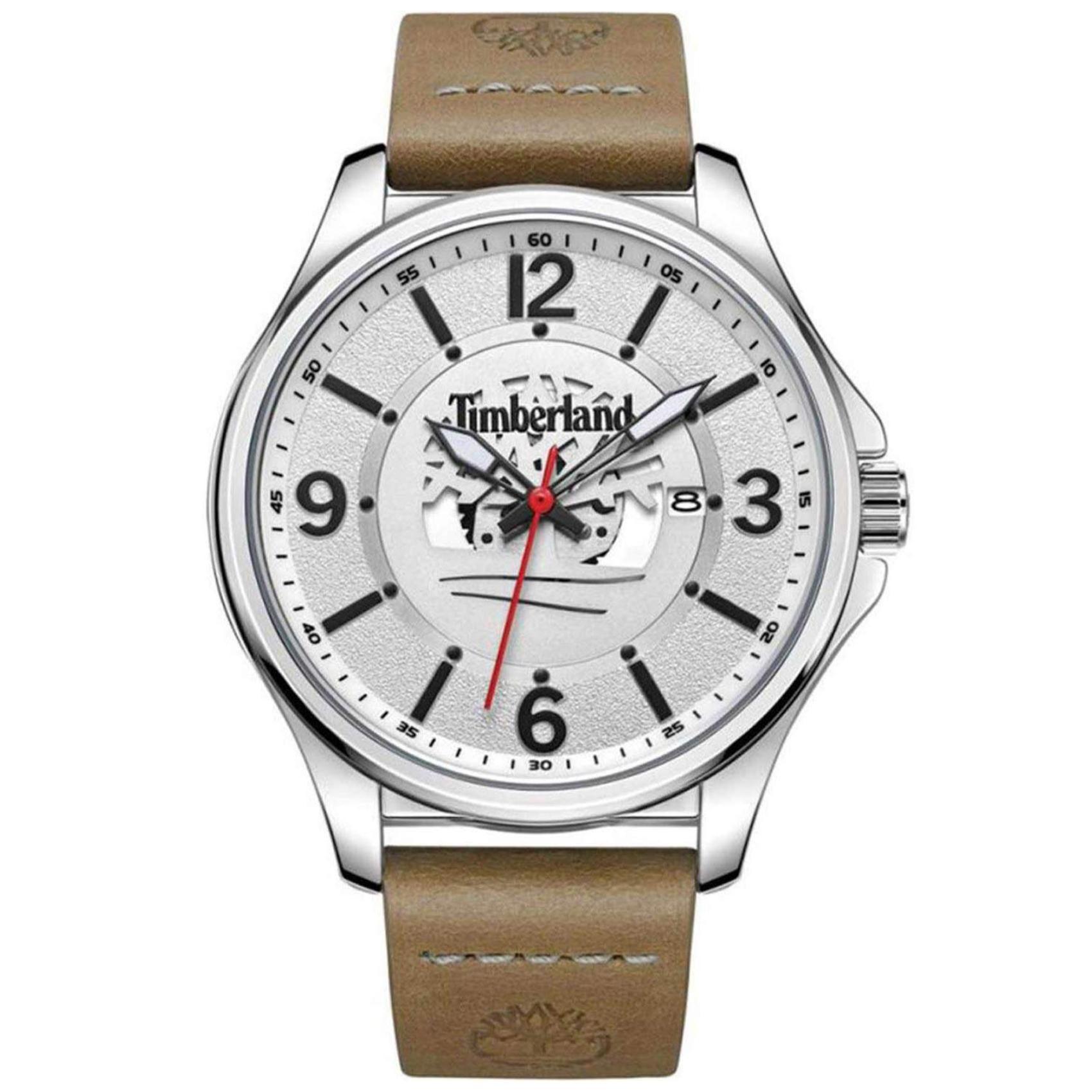 Αντρικό ρολόι Timberland Worcester TDWGB2183301 με ταμπά δερμάτινο λουράκι και ασημί καντράν διαμέτρου 46mm με ημερομηνία.