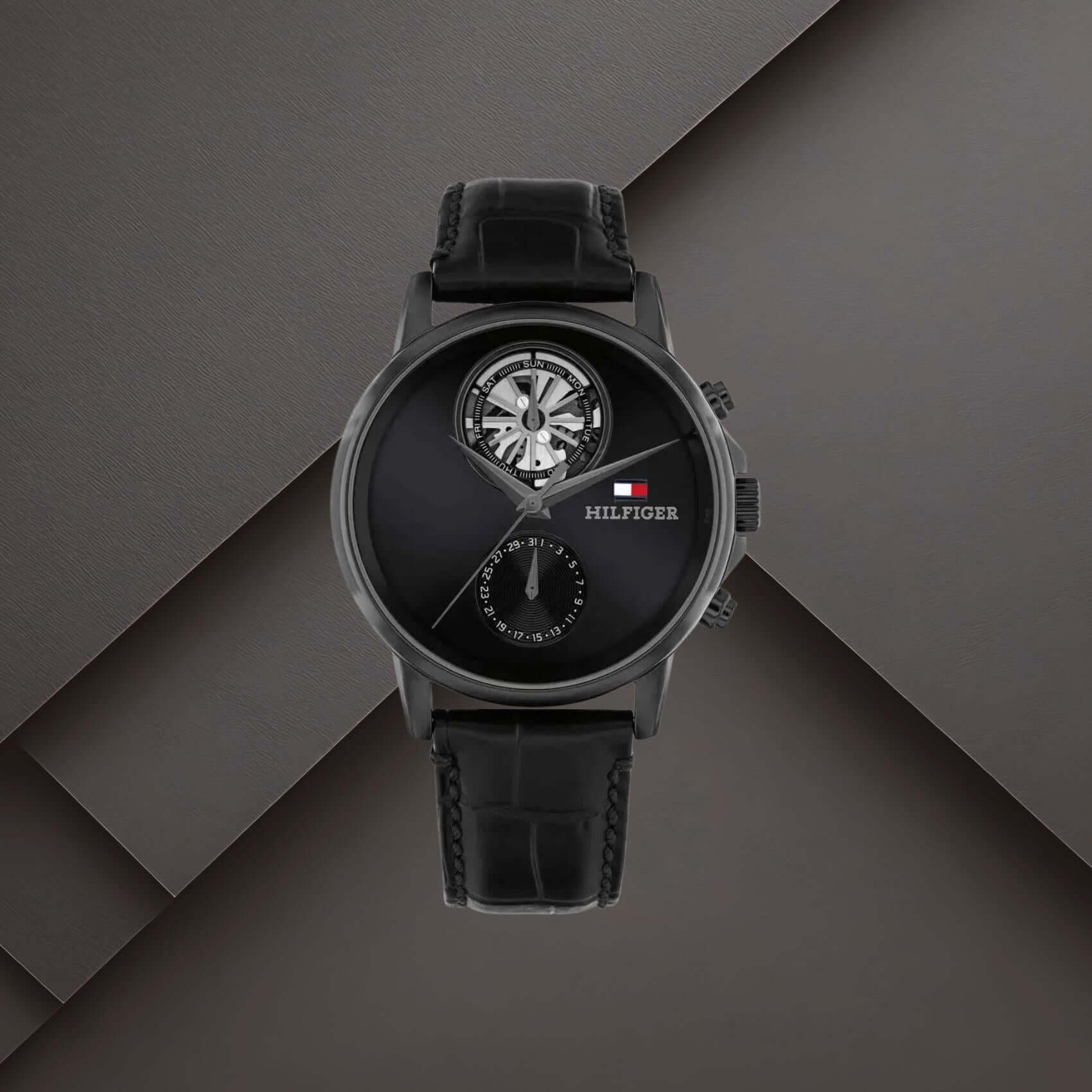 Ανδρικό ρολόι Tommy Hilfiger Stewart 1710748 με μαύρο skeleton καντράν 40mm και μαύρο δερμάτινο λουράκι.