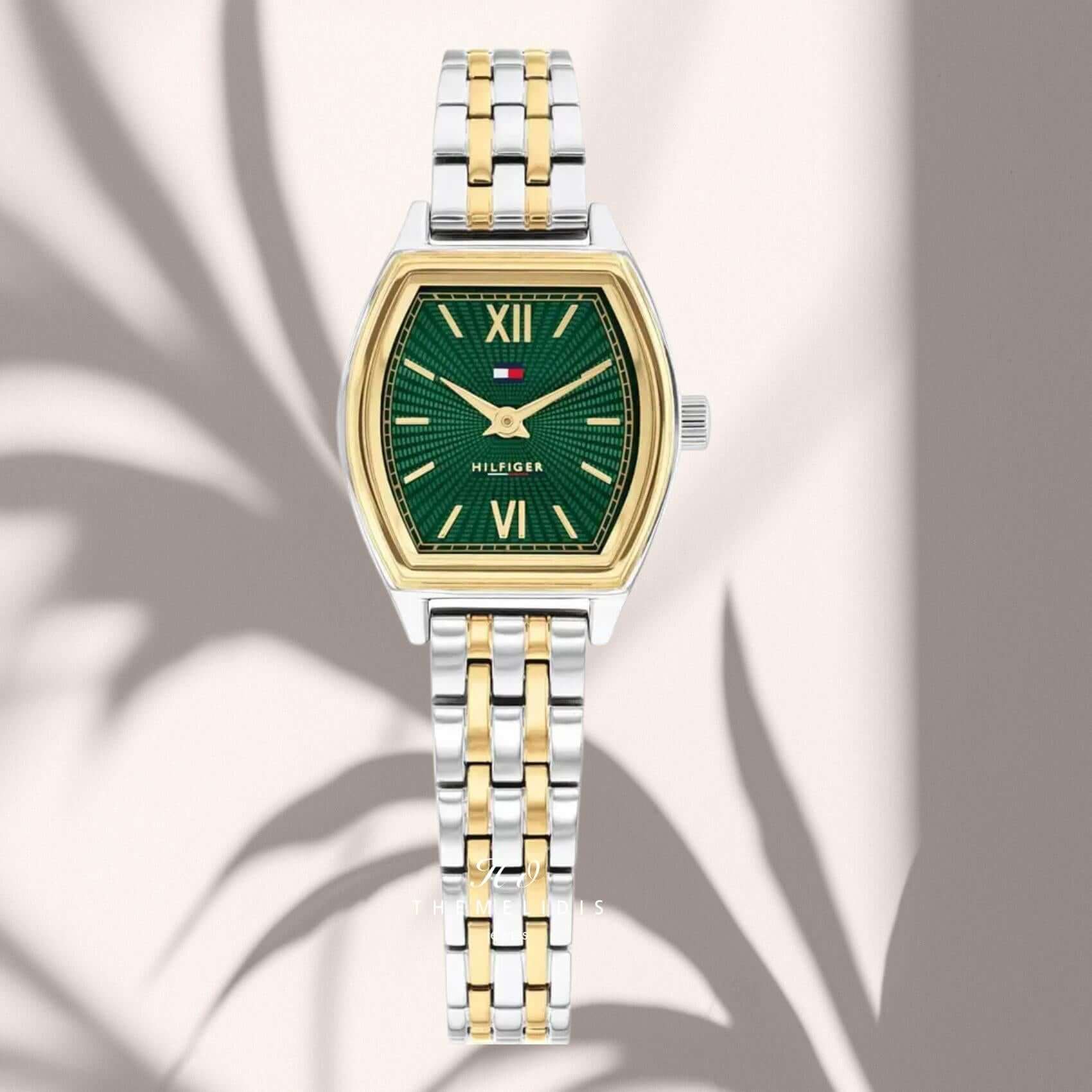 Γυναικείο ρολόι Tommy Hilfiger Norah 1782907 με πράσινο τετράγωνο καντράν 22mm, χρυσές λεπτομέρειες και δίχρωμο μπρασελέ.