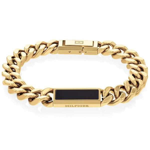 Ανδρικό βραχιόλι ατσάλινο Tommy Hilfiger 2790539 σε χρυσό χρώμα και χρυσή αγκράφα και μαύρη πέτρα.