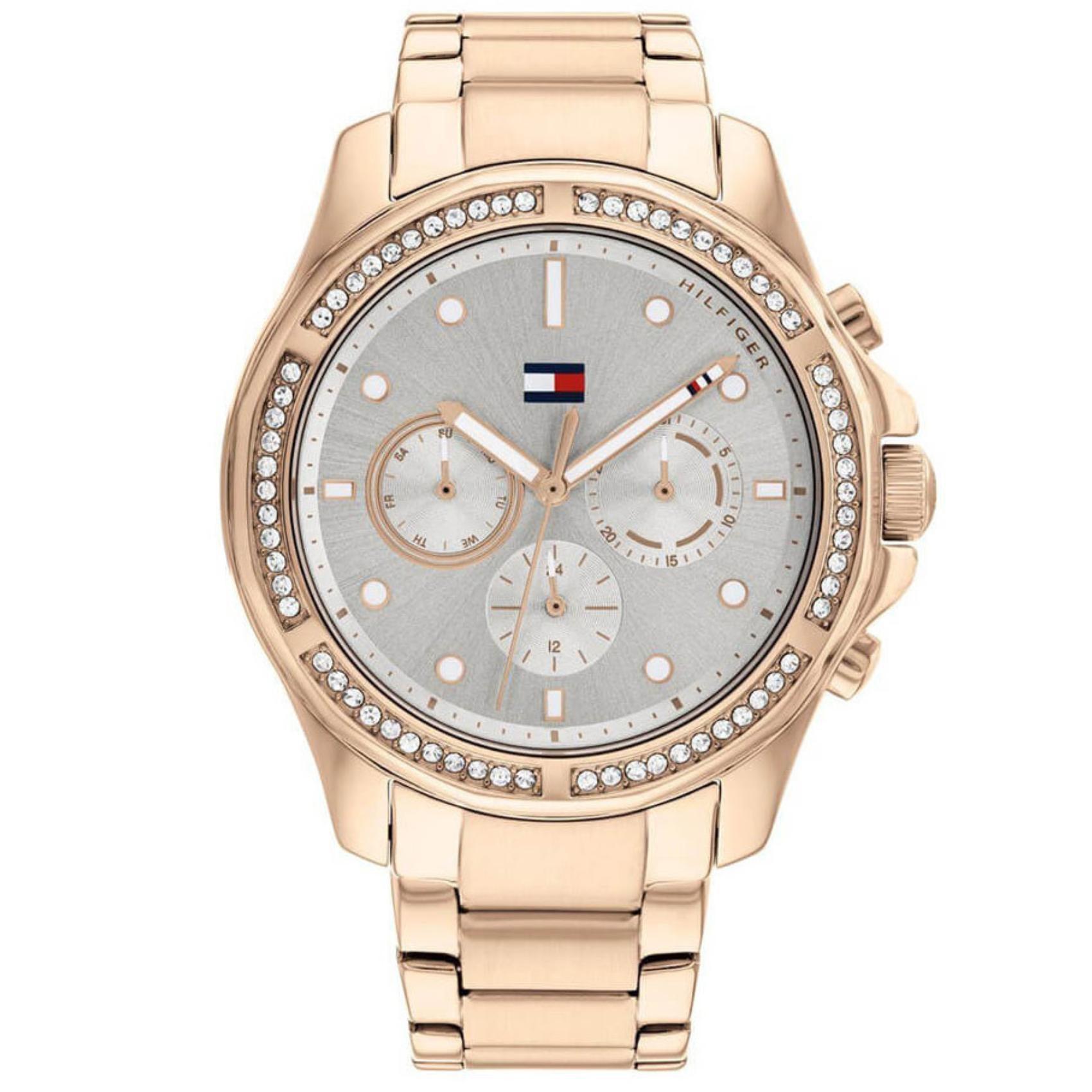 Γυναικείο ρολόι Tommy Hilfiger Brooklyn 1782572 με ροζ χρυσό ατσάλινο μπρασελέ και ασημί καντράν διαμέτρου 40mm με ζιργκόν.