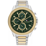 Ανδρικό ρολόι Tommy Hilfiger Clark 1792079 με δίχρωμο ασημί-χρυσό ατσάλινο μπρασελέ και πράσινο καντράν διαμέτρου 46mm με ημερομηνία-ημέρα.