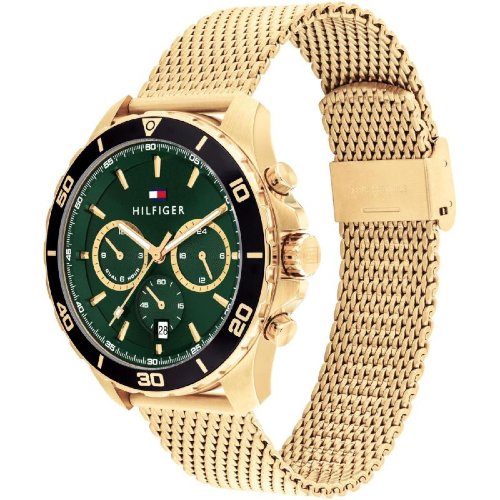 Ανδρικό ρολόι Tommy Hilfiger Jordan 1792093 με χρυσό ατσάλινο μπρασελέ και πράσινο καντράν διαμέτρου 43mm.