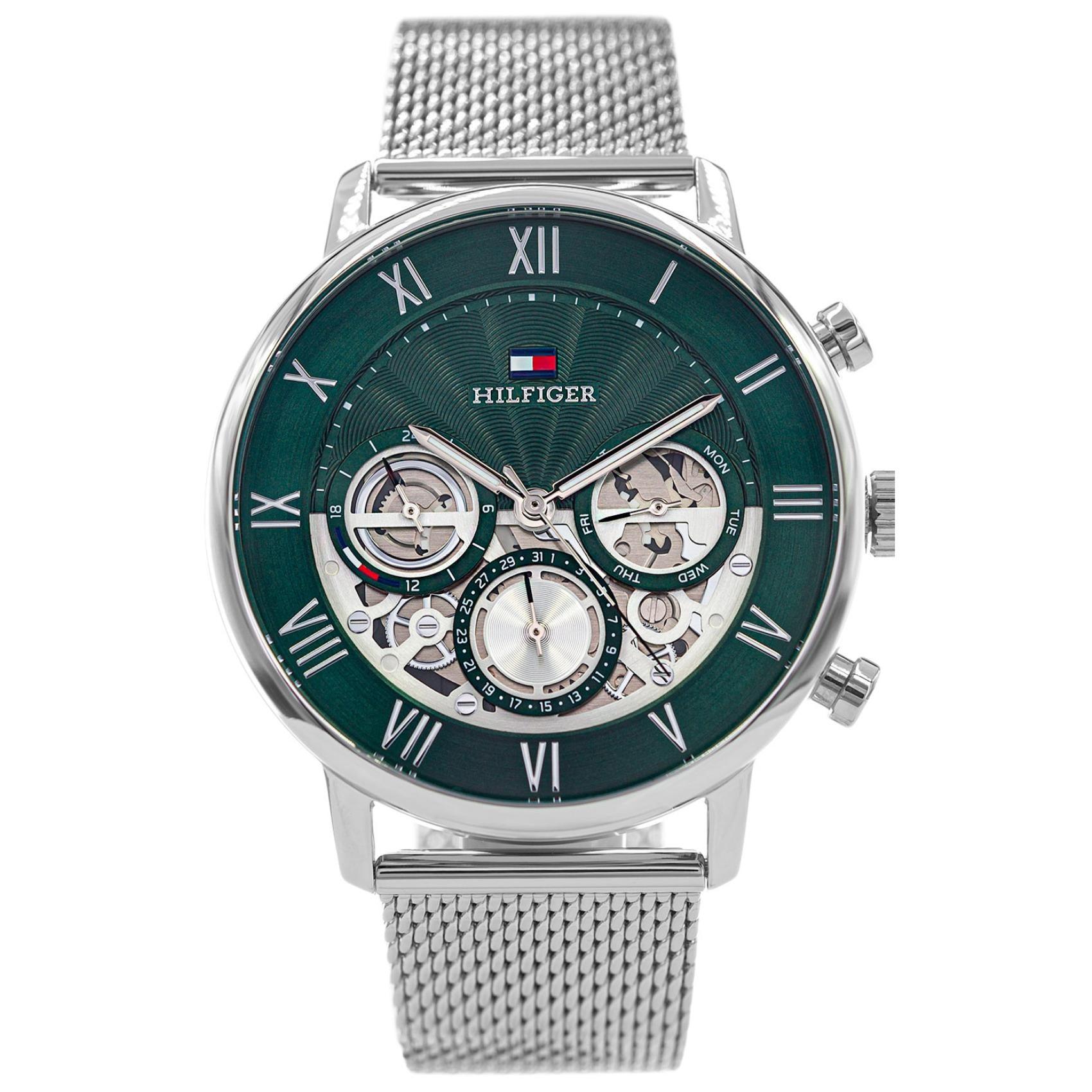 Ανδρικό ρολόι Tommy Hilfiger Legend 1710567 με ασημί ατσάλινο μπρασελέ και πράσινο skeleton καντράν διαμέτρου 44mm με ημερομηνία και ημέρα.