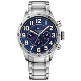 Αντρικό ρολόι Tommy Hilfiger Trent 1791053 χρονογράφος με ασημί ατσάλινο μπρασελέ και μπλε καντράν διαμέτρου 46mm.