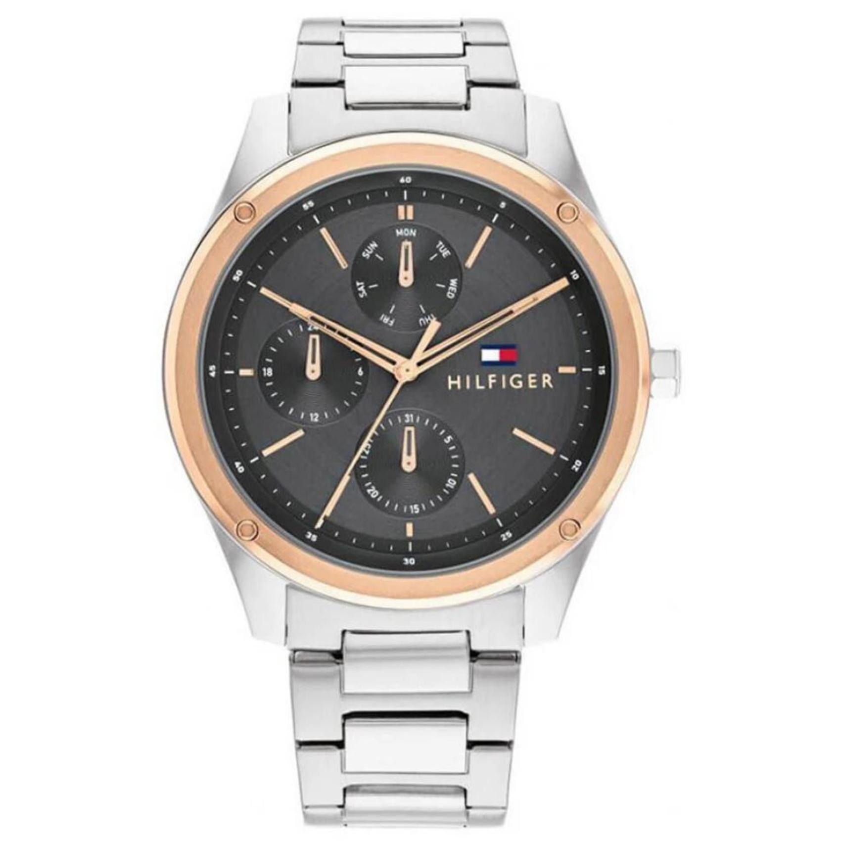 Ανδρικό ρολόι Tommy Hilfiger Tyler 1710541 με ασημί ατσάλινο μπρασελέ και μαύρο καντράν διαμέτρου 43mm με ημερομηνία-ημέρα.