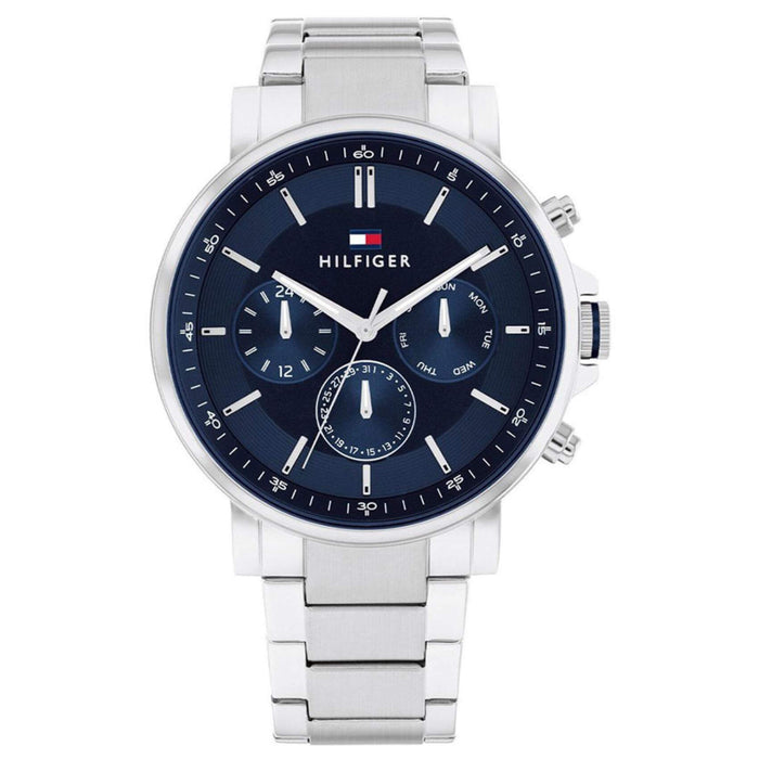 Ανδρικό ρολόι Tommy Hilfiger Tyson 1710588 με ασημί ατσάλινο μπρασελέ και μπλε καντράν διαμέτρου 44mm με ημερομηνία-ημέρα.