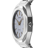 Πλάγια όψη ρολογιού D1 Milano Ultra Thin Indigo Loom D1-UTBL37 που αναδεικνύει την ασημί ανοξείδωτη κάσα διαμέτρου 30 mm.