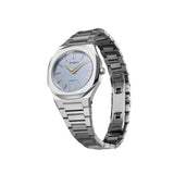 Λεπτομέρεια από το ασημί ατσάλινο μπρασελέ και το κούμπωμα ασφαλείας του ρολογιού D1 Milano Ultra Thin Indigo Loom D1-UTBL37.