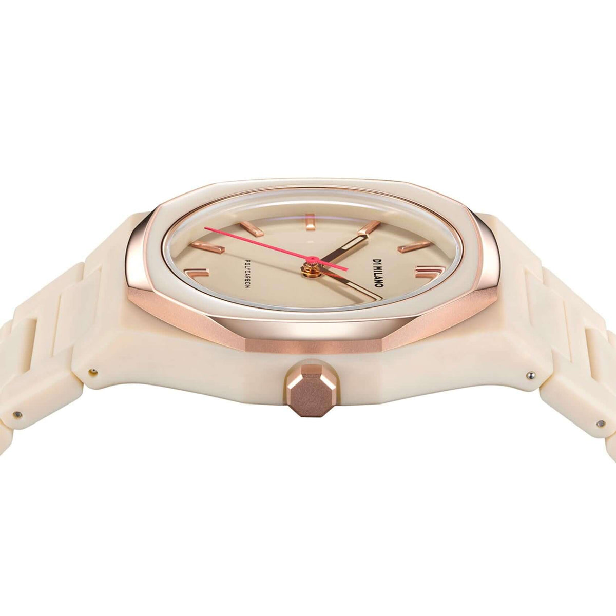 Κοντινό στο καντράν του unisex ρολογιού D1 Milano Akebia Mesh D1-PCBU15 με matte μπεζ dial και μπεζ δείκτες.