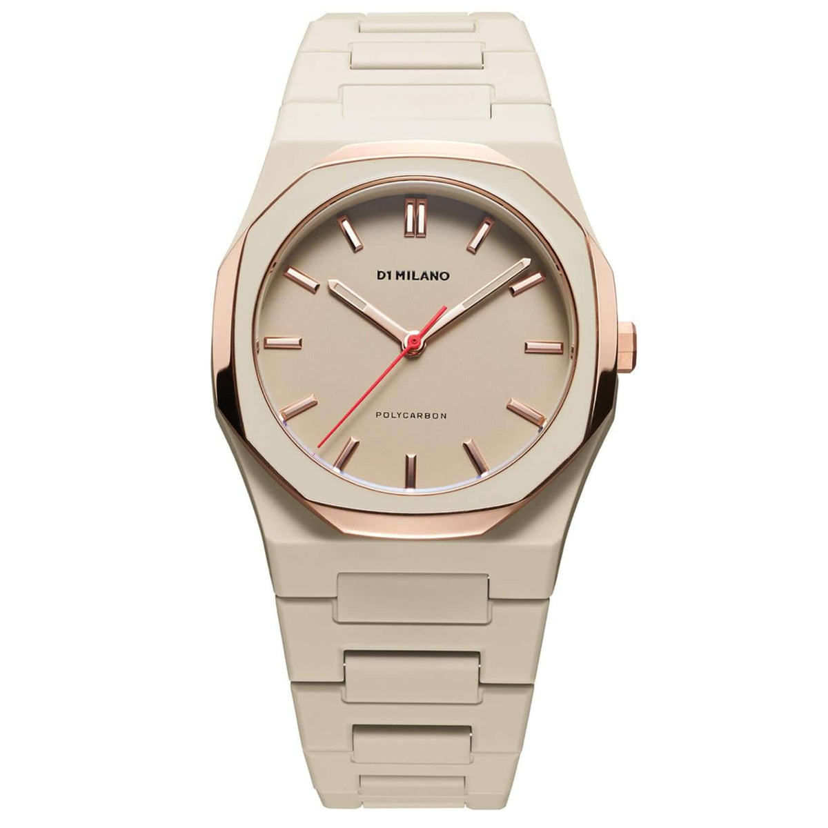 Unisex ρολόι D1 Milano Akebia Mesh D1-PCBU15 με μπεζ πολυκαρμπονικό μπρασελέ, μπεζ καντράν 37 mm και οκτάγωνη κάσα.