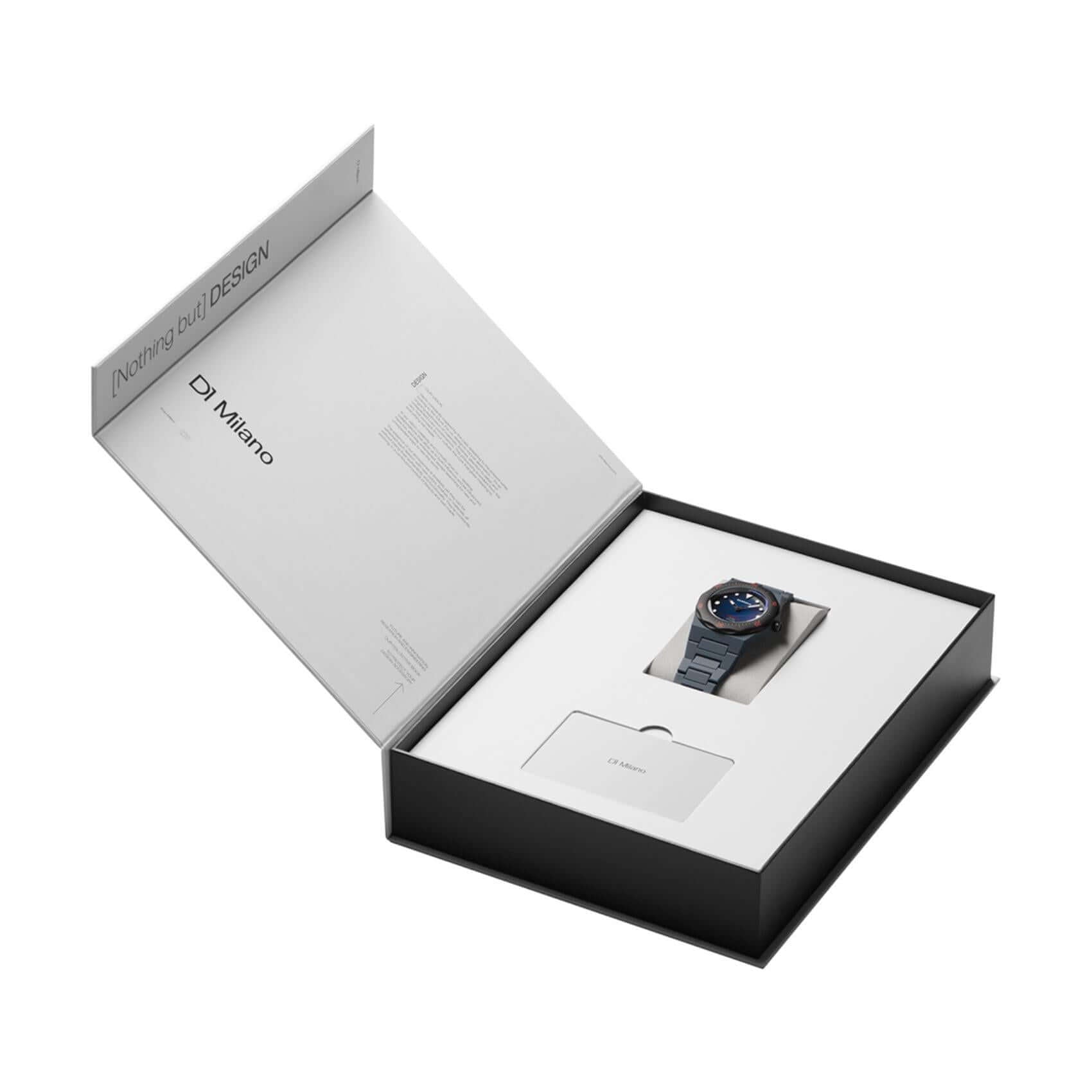 Συσκευασία unisex ρολογιού D1 Milano Blue Legacy D1-PCBJ41 με premium branded κουτί.