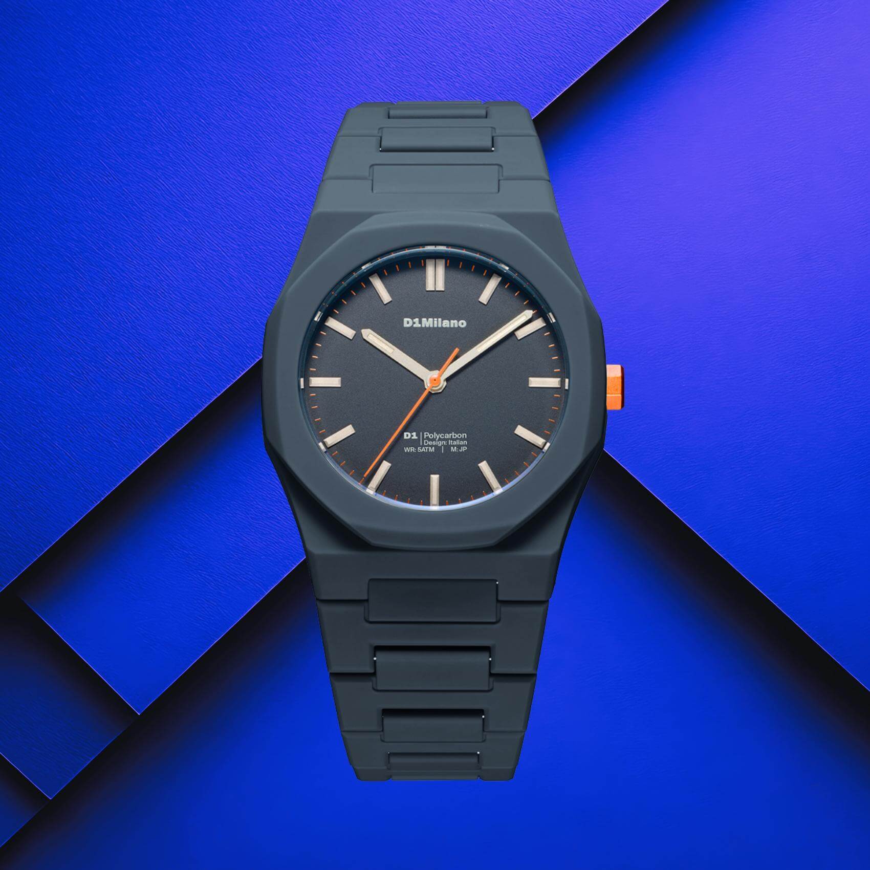 Unisex ρολόι D1 Milano Blue Legacy D1-PCBJ41 σε studio background με μπλε πολυκαρμπονικό μπρασελέ και μπλε καντράν.