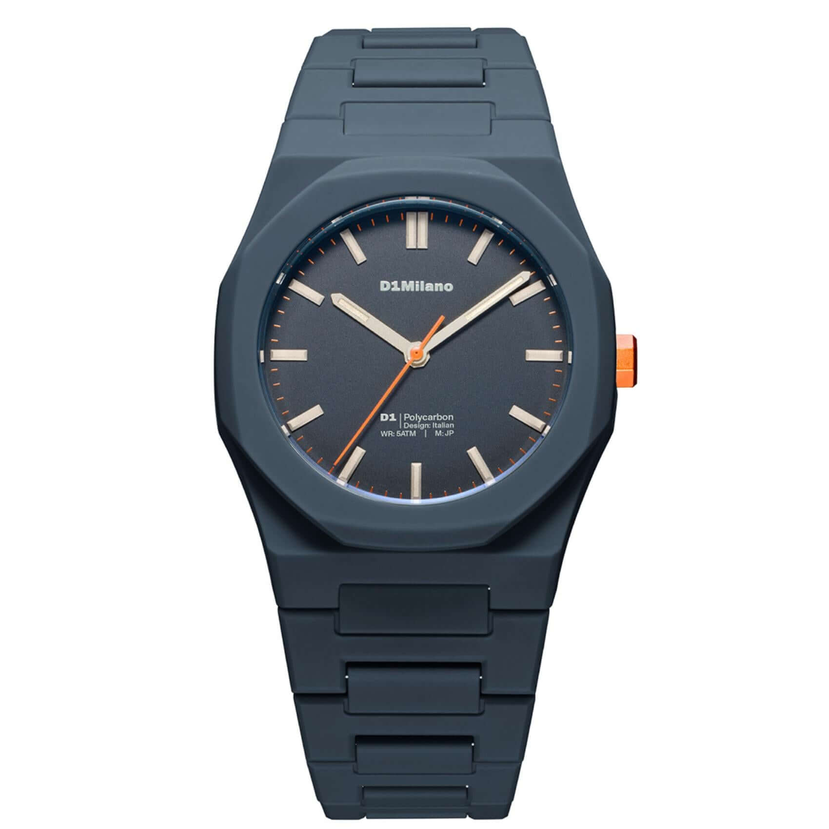 Unisex ρολόι D1 Milano Blue Legacy D1-PCBJ41 με μπλε πολυκαρμπονικό μπρασελέ και μπλε καντράν.