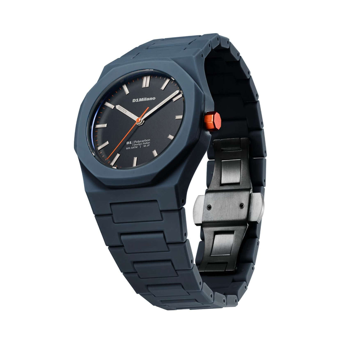 Πλάγια όψη του unisex ρολογιού D1 Milano Blue Legacy D1-PCBJ41 με μπλε πολυκαρμπονική κάσα και μπρασελέ.