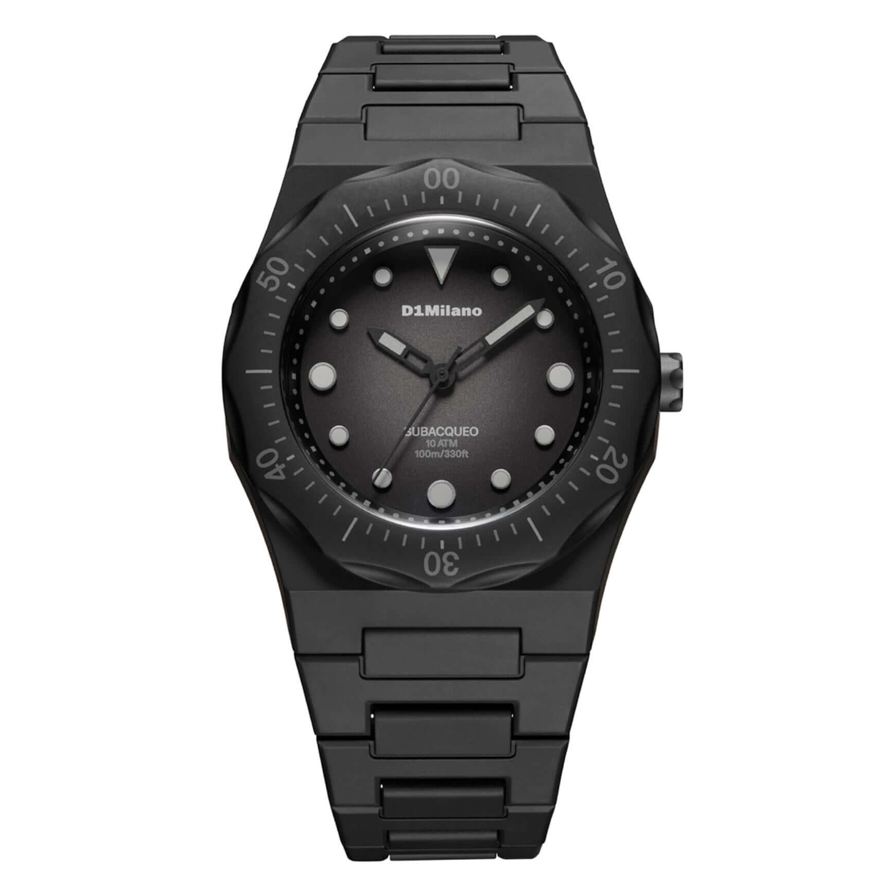 Unisex ρολόι D1 Milano Carbon Diver D1-PDBJ01 με μαύρο πολυκαρμπονικό μπρασελέ και μαύρο καντράν.