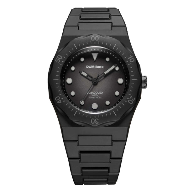 Unisex ρολόι D1 Milano Carbon Diver D1-PDBJ01 με μαύρο πολυκαρμπονικό μπρασελέ και μαύρο καντράν.