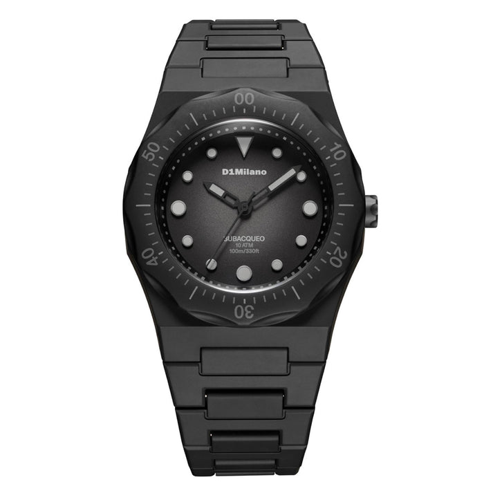 Unisex ρολόι D1 Milano Carbon Diver D1-PDBJ01 με μαύρο πολυκαρμπονικό μπρασελέ και μαύρο καντράν.