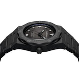 Πλάγια όψη του unisex ρολογιού D1 Milano Carbon Diver D1-PDBJ01 με μαύρη πολυκαρμπονική κάσα και μπρασελέ.