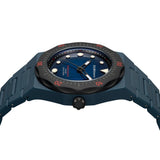 Κοντινό στο καντράν του unisex ρολογιού D1 Milano Carbon Diver D1-PDBJ02 με μπλε dial και λευκές, μαύρες κόκκινες λεπτομέρειες.