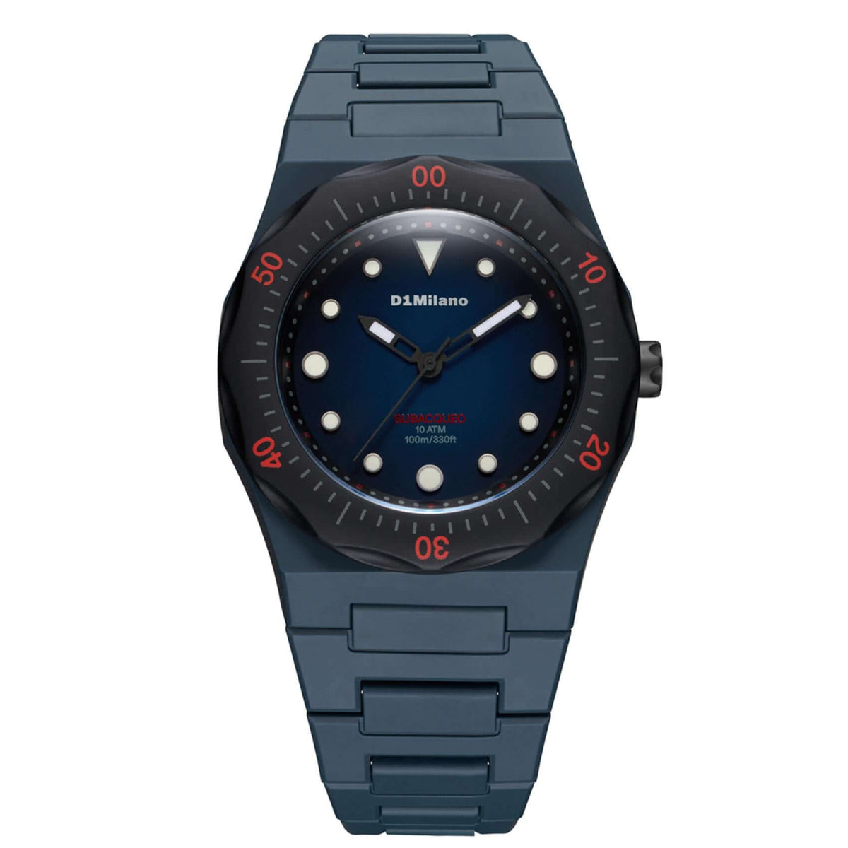 Unisex ρολόι D1 Milano Carbon Diver D1-PDBJ02 με μπλε πολυκαρμπονικό μπρασελέ, μπλε καντράν και μαύρες, λευκές και κόκκινες λεπτομέρειες.