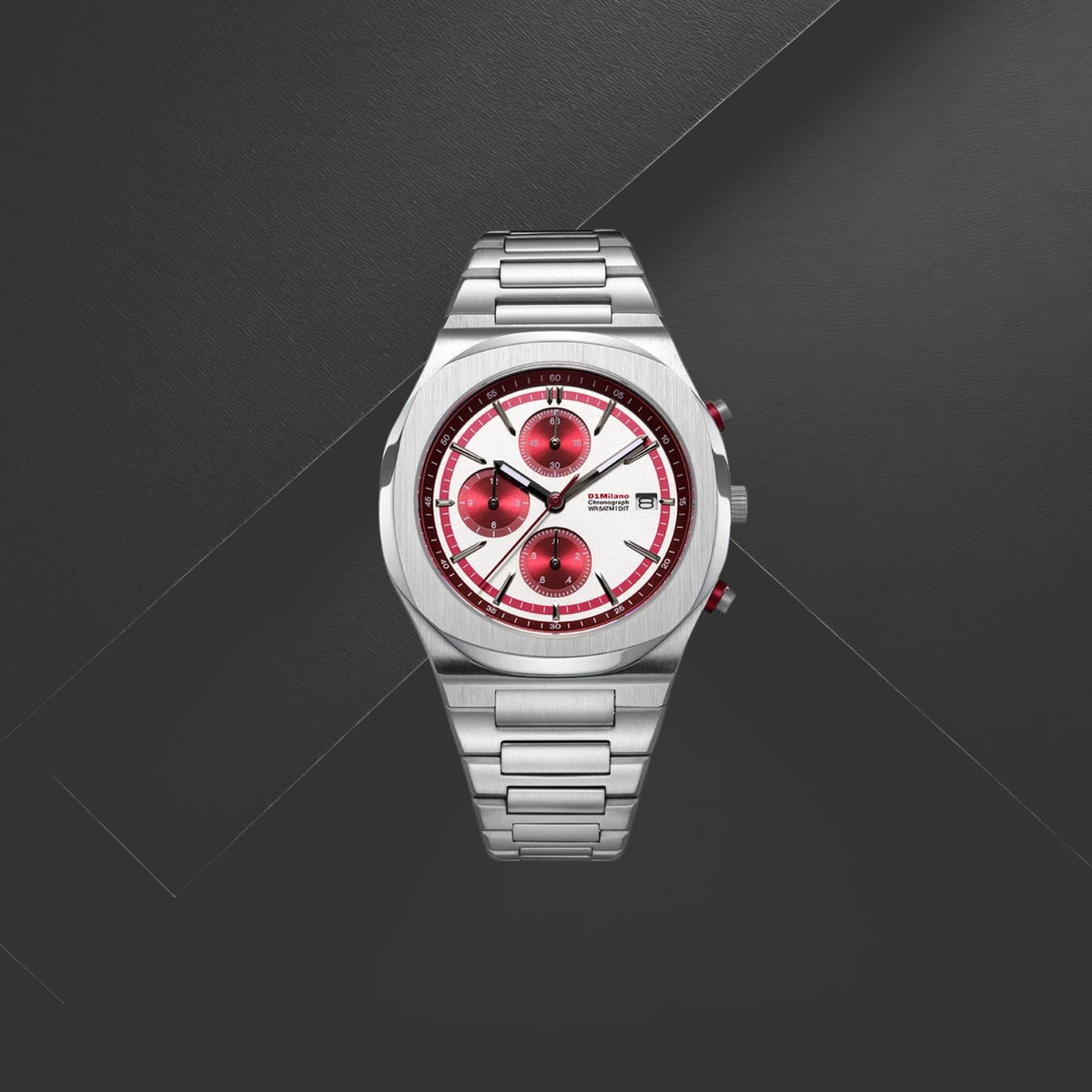 Unisex ρολόι D1 Milano Chrono D1-CHBJ27 με ασημί ατσάλινο μπρασελέ και λευκό-κόκκινο καντράν φορεμένο στον καρπό