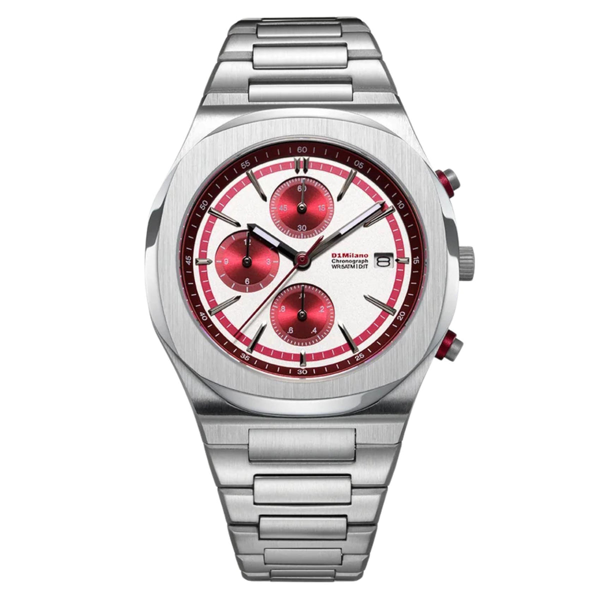 Unisex ρολόι D1 Milano Chrono D1-CHBJ27 με ασημί ατσάλινο μπρασελέ και λευκό-κόκκινο καντράν