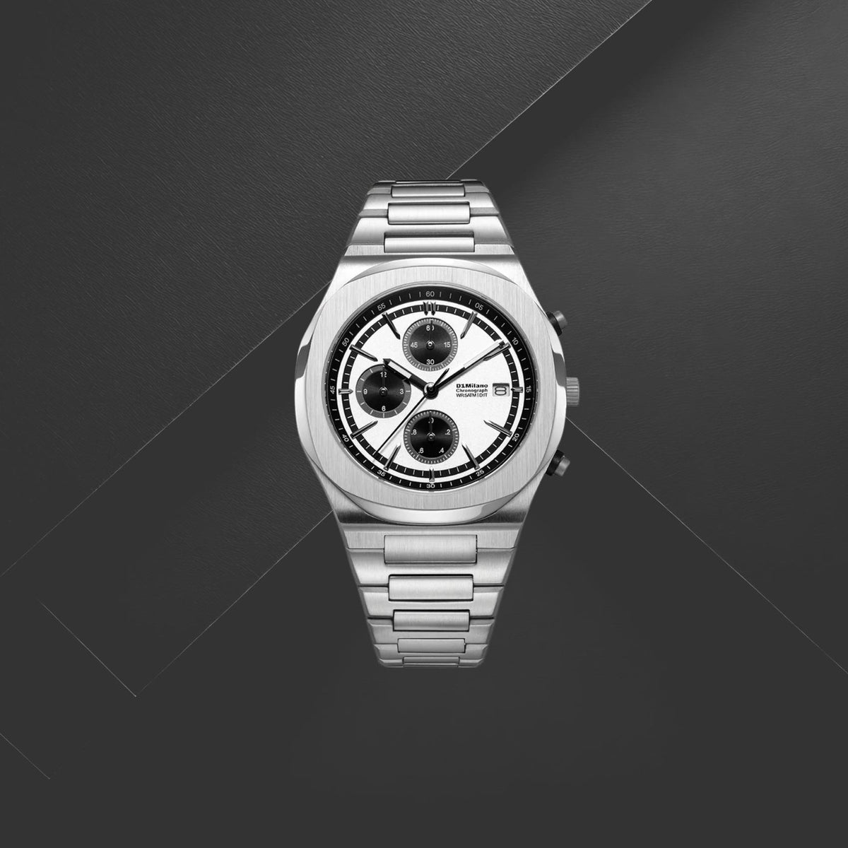 Unisex ρολόι D1 Milano Chrono D1-CHBJ28 με ασημί μπρασελέ, μαύρο καντράν 39mm, χρονογράφος, ημερομηνία
