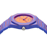 Κοντινό στο καντράν του unisex ρολογιού D1 Milano Electric Sketch D1-PCBU22 με μωβ και πορτοκαλί sketch σχεδιασμό.